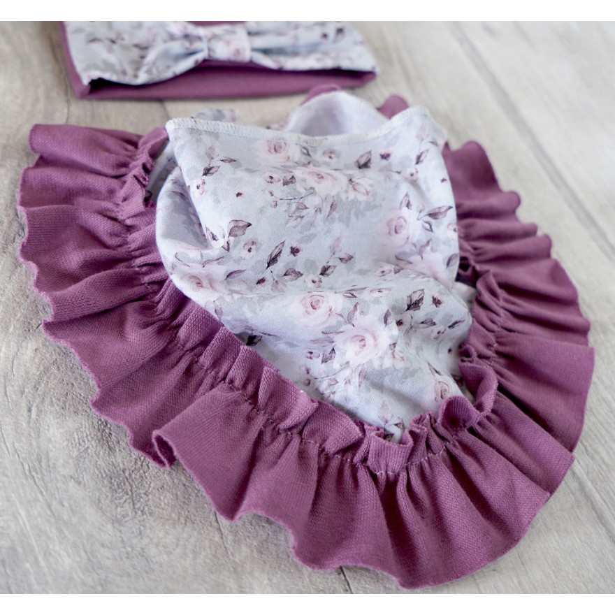 Bakłażan komplet CZAPKA + APASZKA z kokardką falbanką w kwiaty Maja wyprzedaż