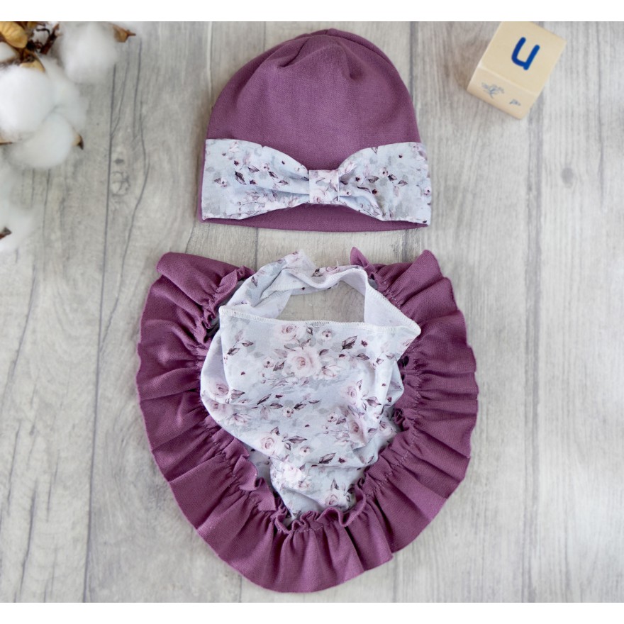 Bakłażan komplet CZAPKA + APASZKA z kokardką falbanką w kwiaty Maja wyprzedaż