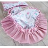 Różowy komplet CZAPKA + APASZKA z kokardką falbanką w kwiaty Maja wyprzedaż
