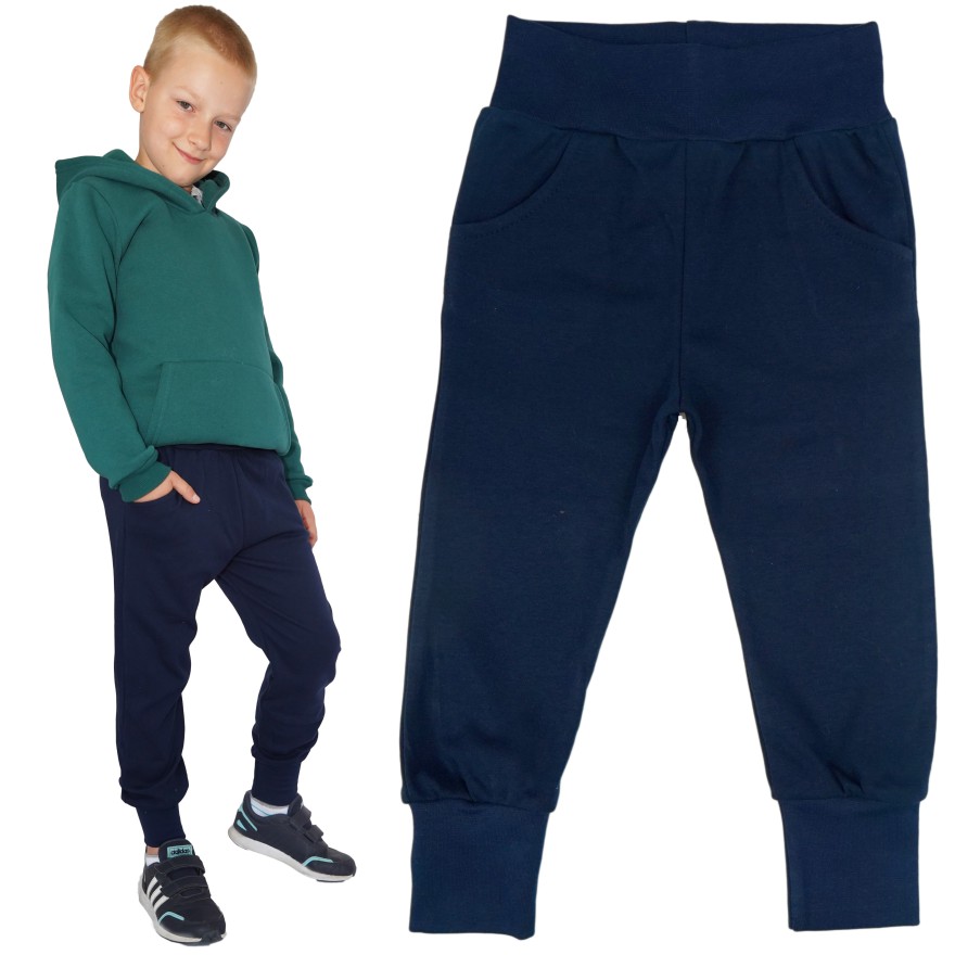 Likwidacja Granatowe spodnie bawełniane lekkie z wyciąganą gumką bezuciskowe NEON szkoła