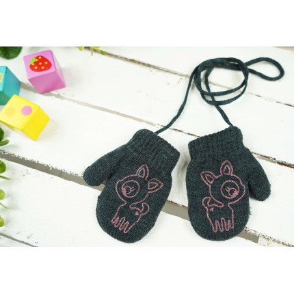 Grafitowe RĘKAWICZKI ciepłe 1P na sznurku JELONEK r. 56-86