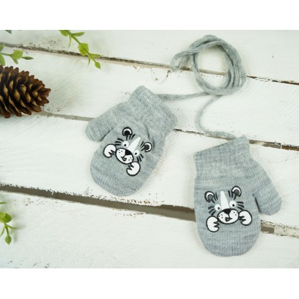 Szare RĘKAWICZKI ciepłe 1P na sznurku TYGRYSEK r. 56-86