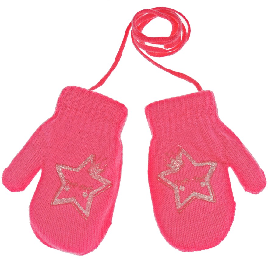 Malinowe RĘKAWICZKI ciepłe 1P na sznurku GWIAZDKA r. 98 104