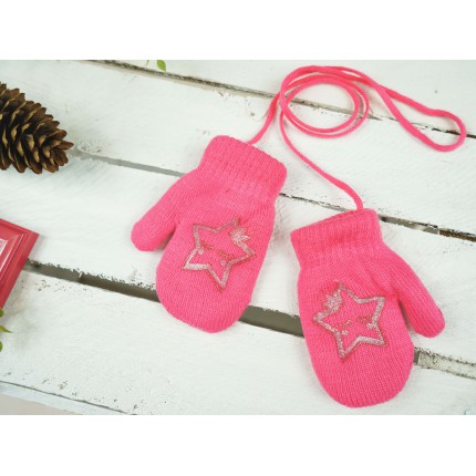 Malinowe RĘKAWICZKI ciepłe 1P na sznurku GWIAZDKA r. 98 104