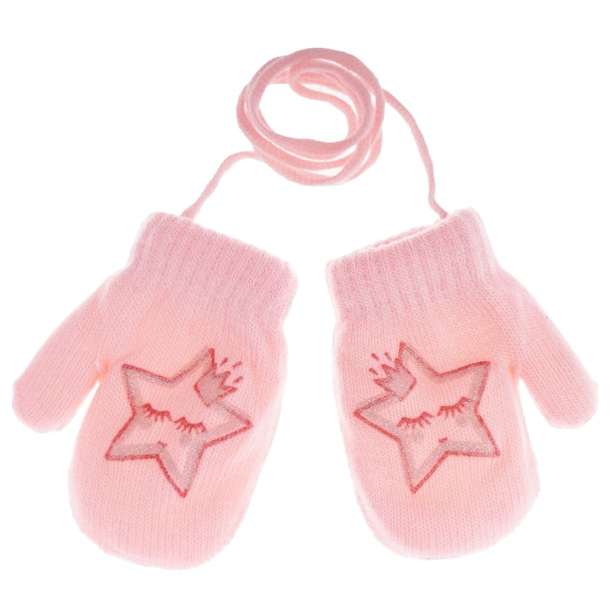 Różowe RĘKAWICZKI ciepłe 1P na sznurku GWIAZDKA r. 98 104