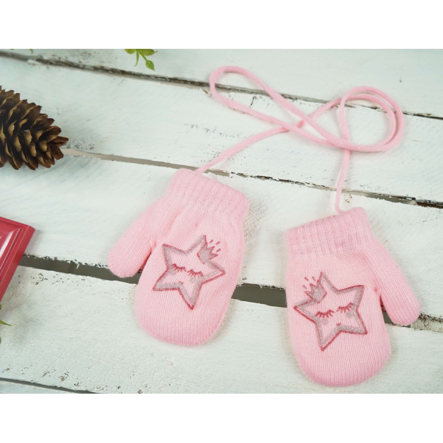 Różowe RĘKAWICZKI ciepłe 1P na sznurku GWIAZDKA r. 98 104