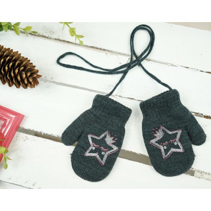 Grafitowe RĘKAWICZKI ciepłe 1P na sznurku GWIAZDKA r. 98 104