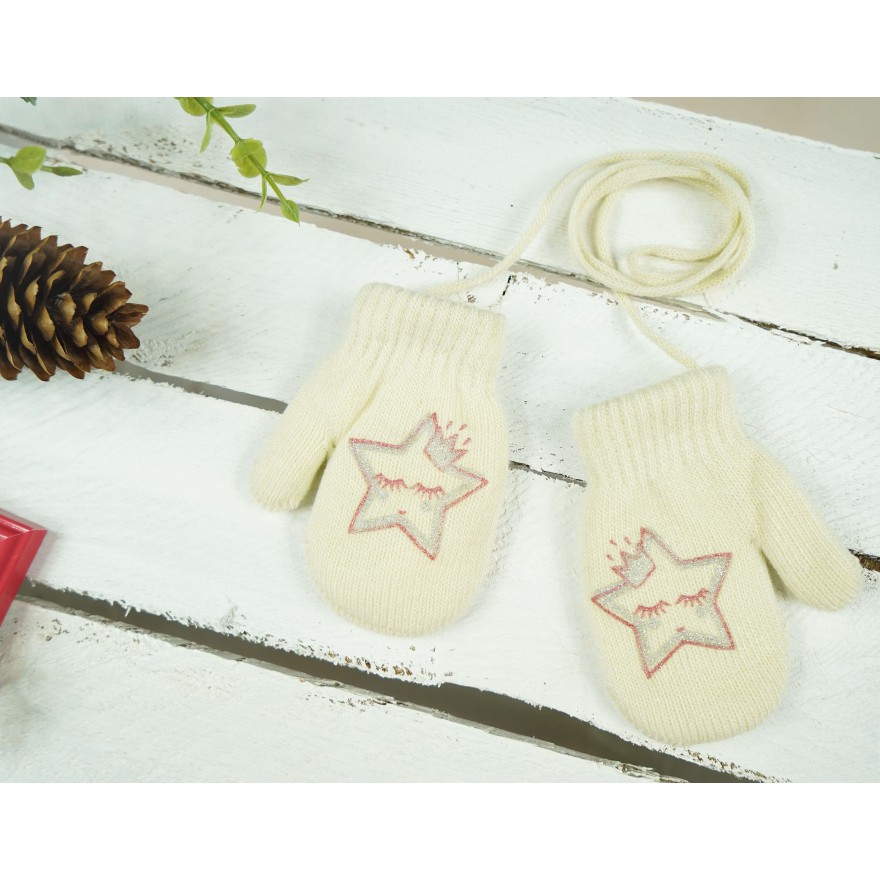 Ecru RĘKAWICZKI ciepłe 1P na sznurku GWIAZDKA r. 98 104