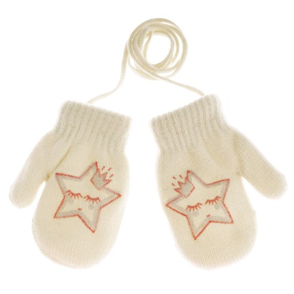 Ecru RĘKAWICZKI ciepłe 1P na sznurku GWIAZDKA r. 98 104
