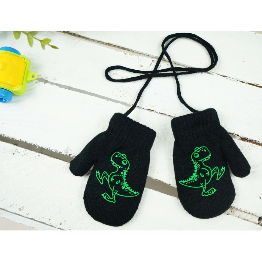 Czarne RĘKAWICZKI ciepłe 1P na sznurku DINO r. 98 104