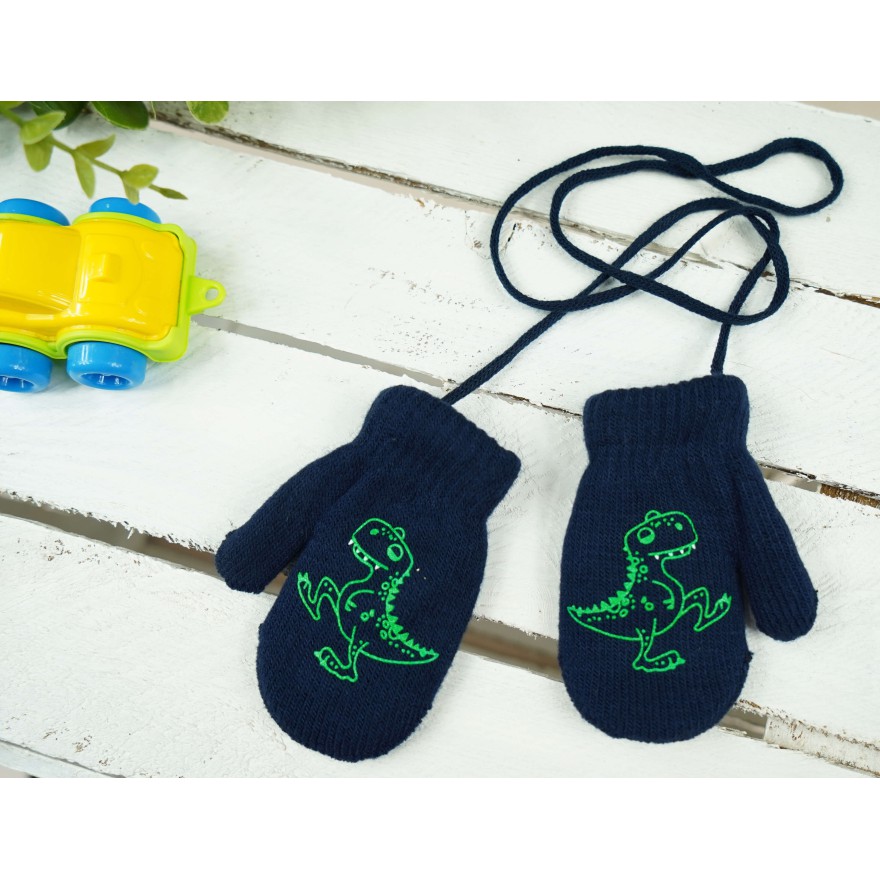 Granatowe RĘKAWICZKI ciepłe 1P na sznurku DINO r. 98 104