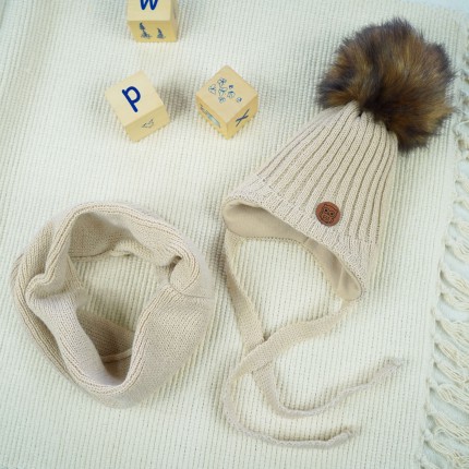 Jasno beżowy komplet zimowy SÓWKA czapka + komin z pomponem