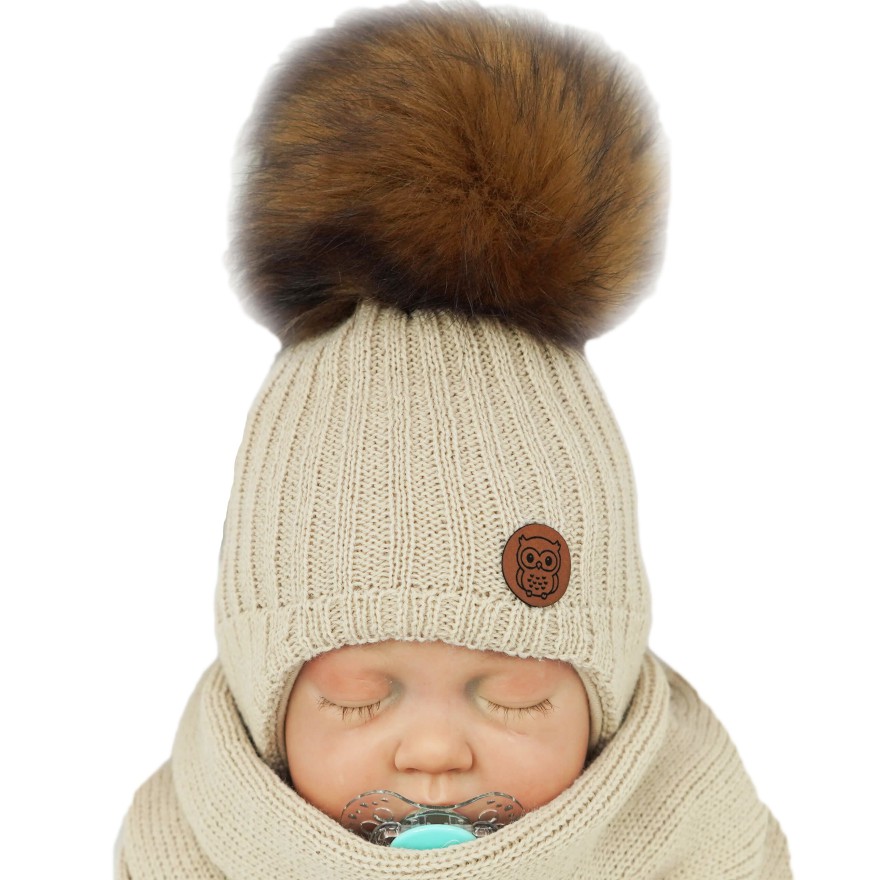 Jasno beżowy komplet zimowy SÓWKA czapka + komin z pomponem
