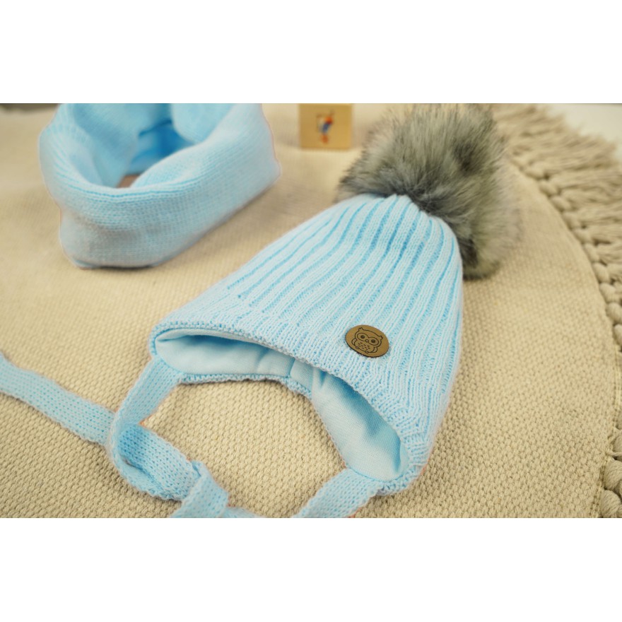 Niebieski komplet zimowy SÓWKA czapka + komin z pomponem