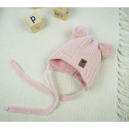 Różowa CZAPKA wiązana 2 pompony HAND MADE zimowa