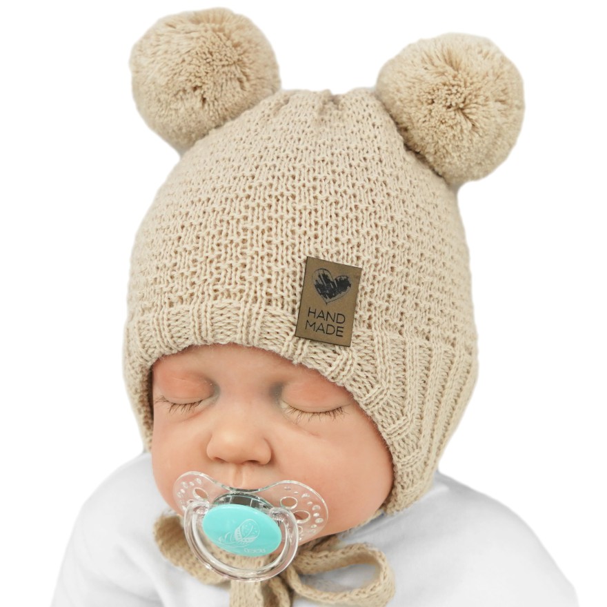 Jasno beżowa CZAPKA wiązana 2 pompony HAND MADE zimowa