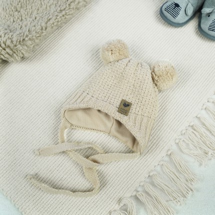 Jasno beżowa CZAPKA wiązana 2 pompony HAND MADE zimowa