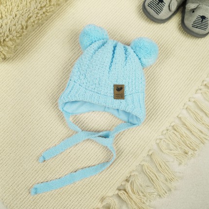 Niebieska CZAPKA wiązana 2 pompony HAND MADE zimowa