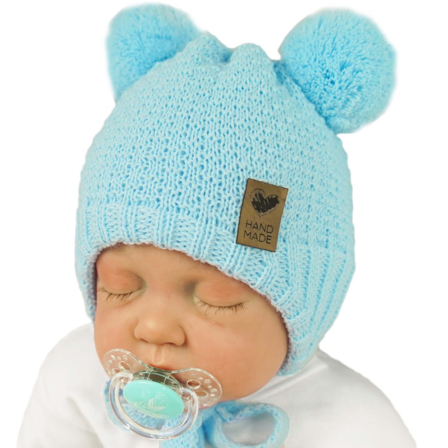 Niebieska CZAPKA wiązana 2 pompony HAND MADE zimowa