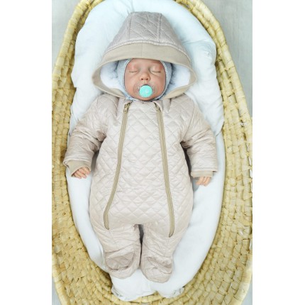 Beżowy KOMBINEZON pikowany na misiu 2 suwaki JESIEŃ-ZIMA