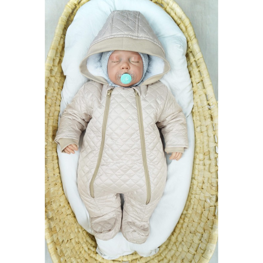 Beżowy KOMBINEZON pikowany na misiu 2 suwaki JESIEŃ-ZIMA