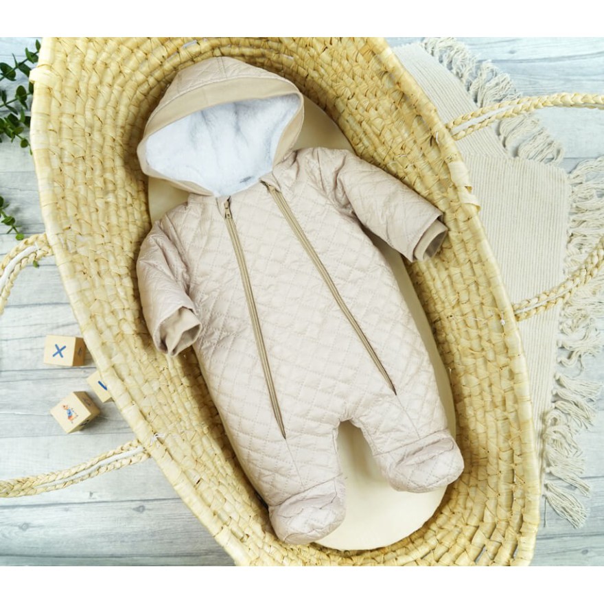 Beżowy KOMBINEZON pikowany na misiu 2 suwaki JESIEŃ-ZIMA