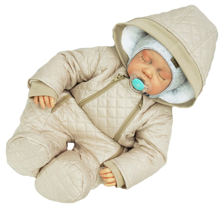 Beżowy KOMBINEZON pikowany na misiu 2 suwaki JESIEŃ-ZIMA