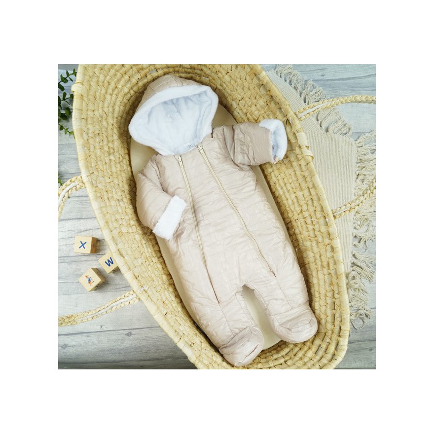 Beżowy KOMBINEZON pikowany na futerku 2 suwaki osłonki na rączki