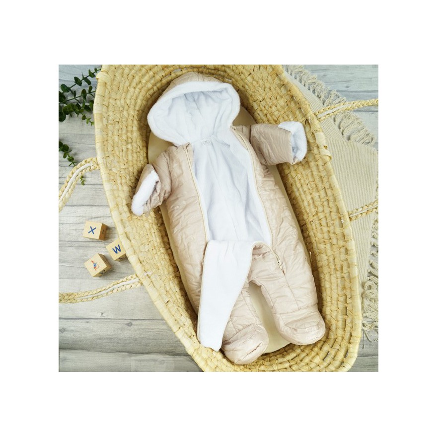 Beżowy KOMBINEZON pikowany na futerku 2 suwaki osłonki na rączki