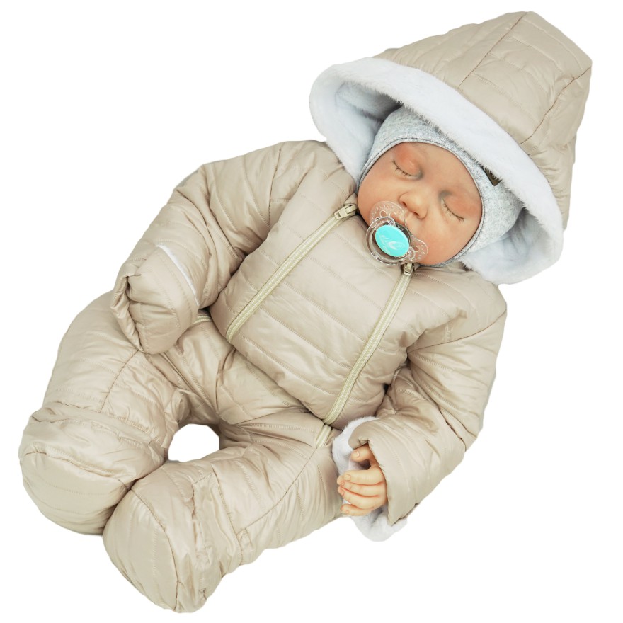 Beżowy KOMBINEZON pikowany na futerku 2 suwaki osłonki na rączki