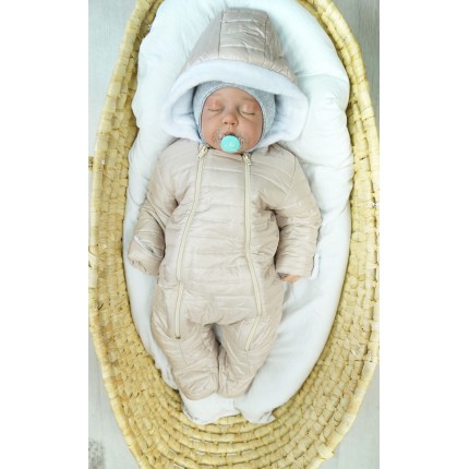 Beżowy KOMBINEZON pikowany na futerku 2 suwaki osłonki na rączki