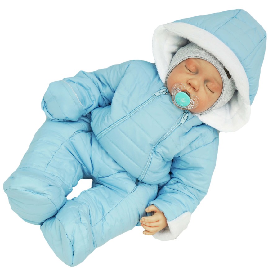 Niebieski KOMBINEZON pikowany na futerku 2 suwaki osłonki na rączki