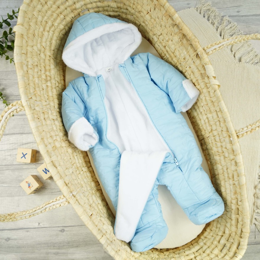 Niebieski KOMBINEZON pikowany na futerku 2 suwaki osłonki na rączki