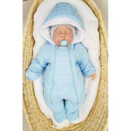 Niebieski KOMBINEZON pikowany na futerku 2 suwaki osłonki na rączki