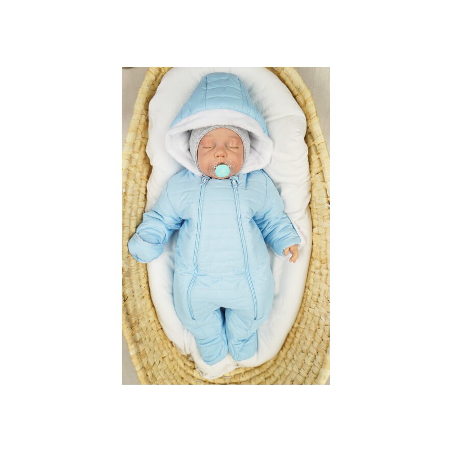 Niebieski KOMBINEZON pikowany na futerku 2 suwaki osłonki na rączki