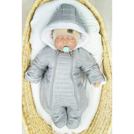 Szary KOMBINEZON pikowany na futerku 2 suwaki osłonki na rączki