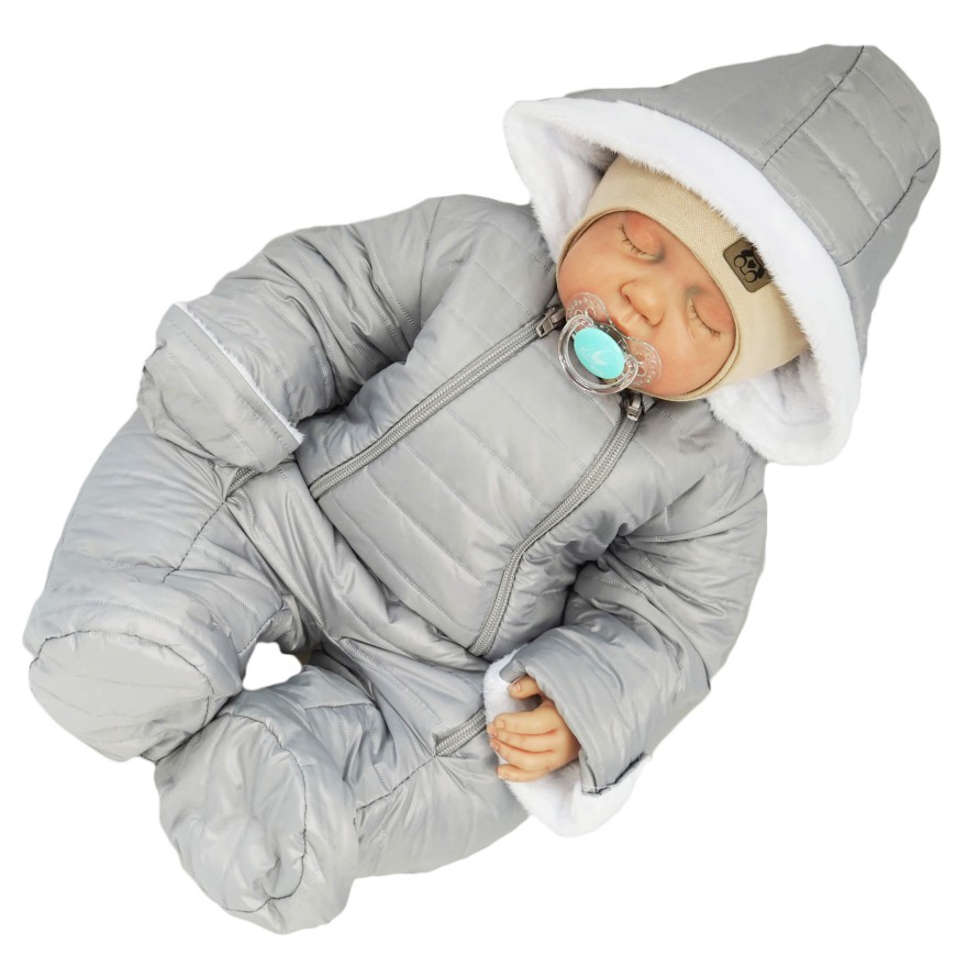 Szary KOMBINEZON pikowany na futerku 2 suwaki osłonki na rączki