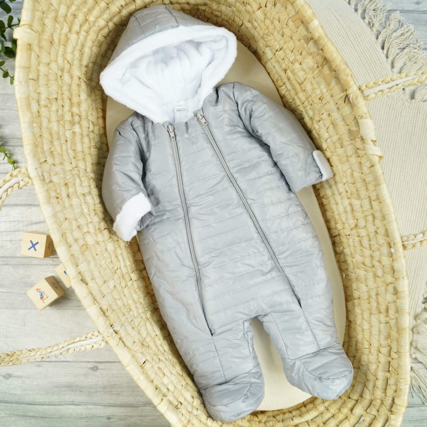 Szary KOMBINEZON pikowany na futerku 2 suwaki osłonki na rączki
