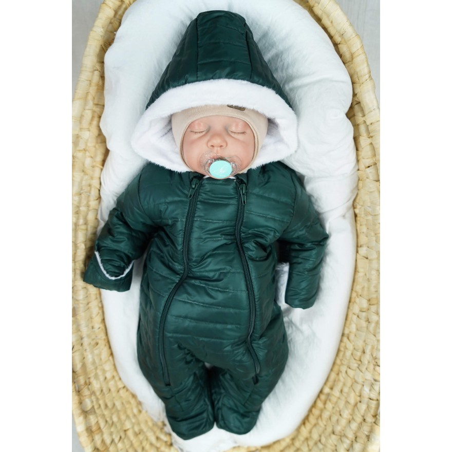 Butelkowy KOMBINEZON pikowany na futerku 2 suwaki osłonki na rączki