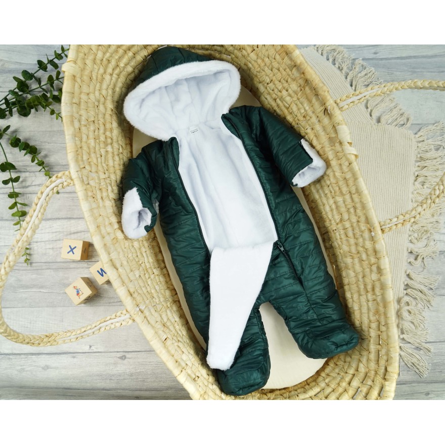 Butelkowy KOMBINEZON pikowany na futerku 2 suwaki osłonki na rączki