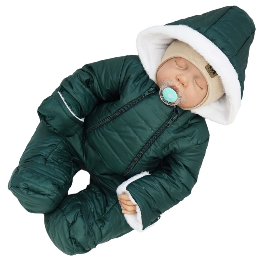 Butelkowy KOMBINEZON pikowany na futerku 2 suwaki osłonki na rączki