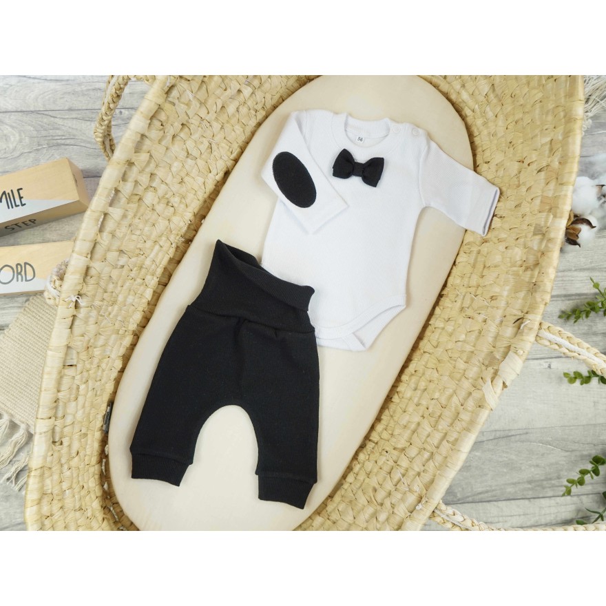 Czarno-biały KOMPLET ELEGANCKI prążek body z muchą + spodnie CHRZEST święta