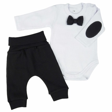 Czarno-biały KOMPLET ELEGANCKI prążek body z muchą + spodnie CHRZEST święta