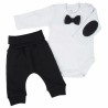 Czarno-biały KOMPLET ELEGANCKI prążek body z muchą + spodnie CHRZEST