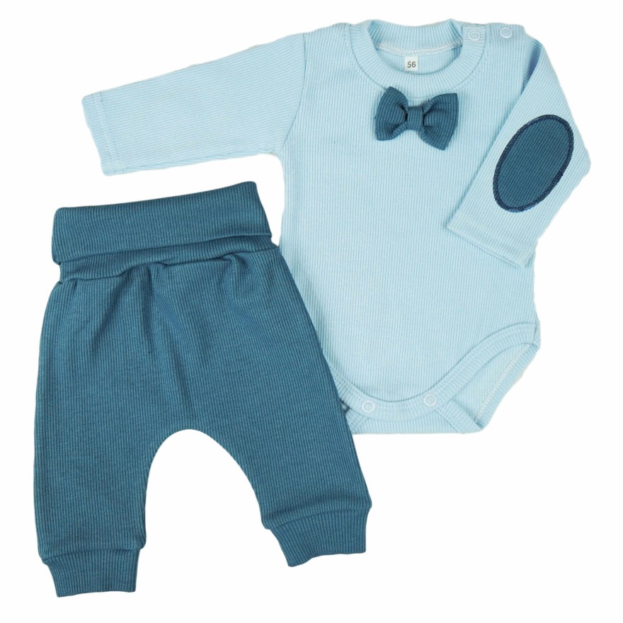 Błękitno- jeansowy KOMPLET ELEGANCKI prążek body z muchą + spodnie CHRZEST święta