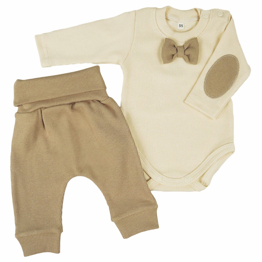 Beżowo- kawowy KOMPLET ELEGANCKI prążek body z muchą + spodnie CHRZEST święta
