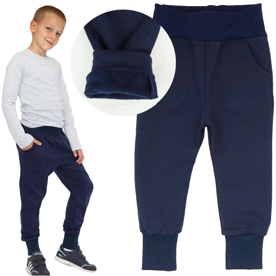 Granatowe spodnie OCIEPLANE na meszku z wyciąganą gumką neon