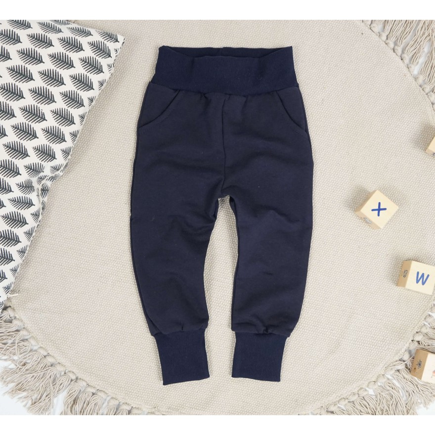 Granatowe spodnie OCIEPLANE na meszku z wyciąganą gumką neon