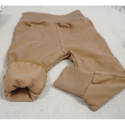 Beżowe spodnie OCIEPLANE na meszku z wyciąganą gumką neon