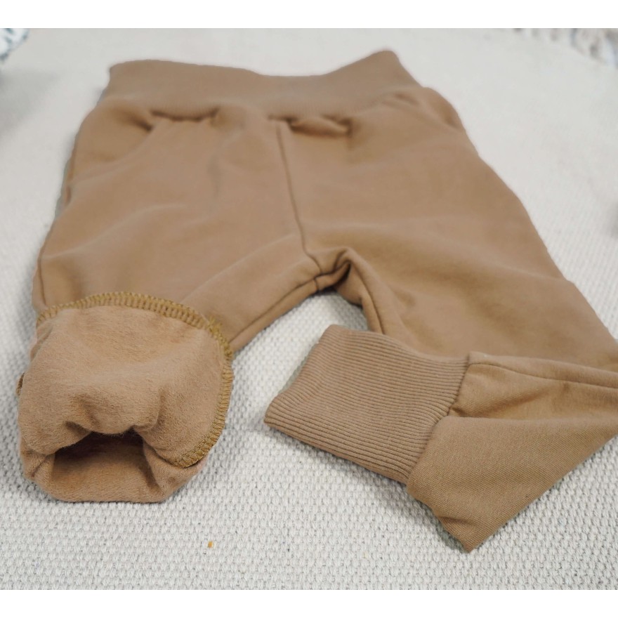 Beżowe spodnie OCIEPLANE na meszku z wyciąganą gumką neon